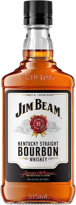 A 375 ml bottle of Jim Beam Kentucky Straight Bourbon Whisky with its classic white label and red accents, filled with amber bourbon and designed for easy sharing or gifting. The image highlights the compact, stylish bottle and warm color of the bourbon.