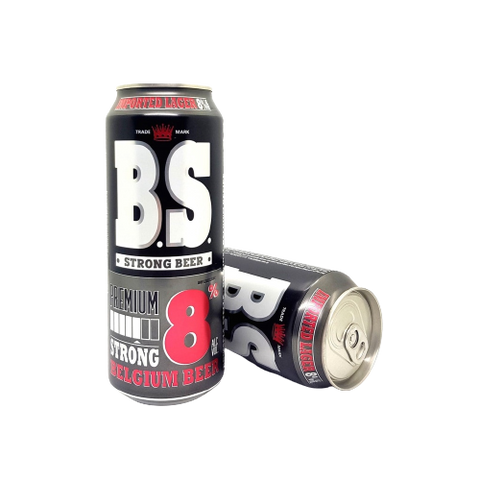 Two cans of BS Premium Belgium Beer, one standing upright and the other lying down, showing the labels and branding.
