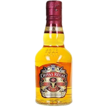 A 200ml bottle of Chivas Regal 12 Year Old Blended Scotch Whisky with a gold label and red cap.
