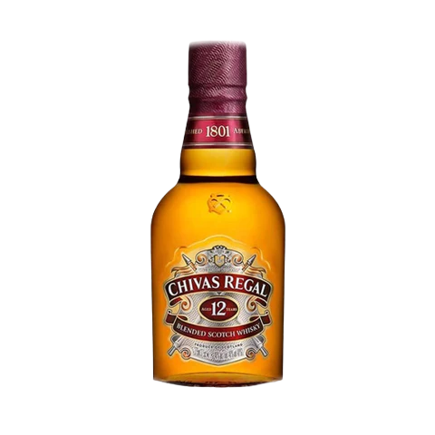 A miniature bottle of Chivas Regal 12 Year Old Scotch Whisky with a gold and red label, clear bottle, displaying the whisky.
