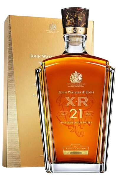 John Walker & Sons XR 21 Blended Scotch Whisky with a gift box. The bottle is positioned in front of the box, which has a gold and textured design.