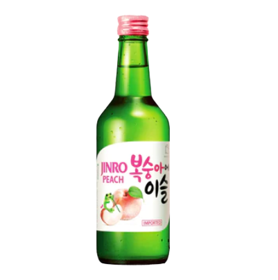 A bottle of Jinro Peach Flavour Soju with a green cap and label featuring an image of peaches and Korean text.