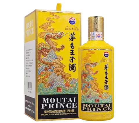 A product image showing a bottle of Moutai Prince Liquor with a decorative dragon design on the label and a matching yellow gift box.