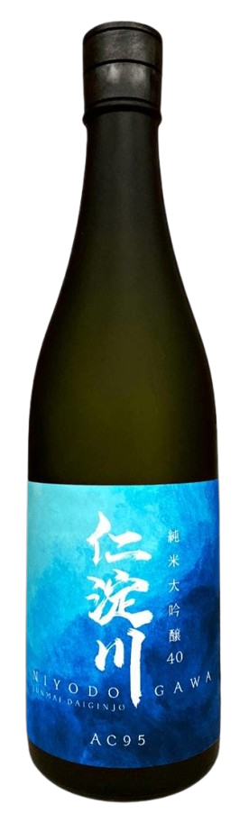 A bottle of Kochi Niyodogawa Junmai Daiginjo sake with a label that has blue and white colors and Japanese text, indicating the brand and product name.