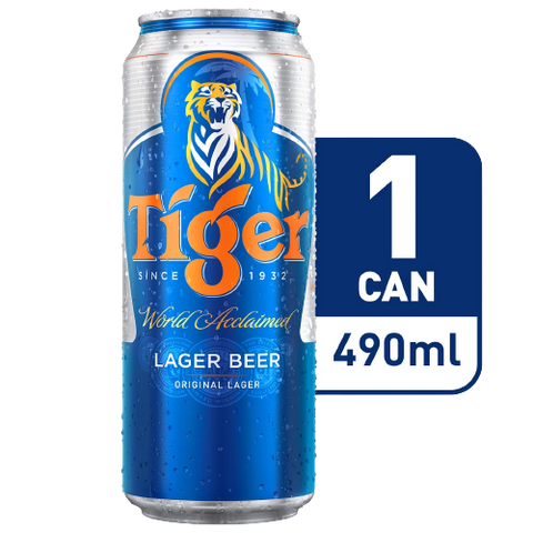 A can of Tiger Lager Beer with a blue and yellow label, indicating a volume of 490ml.