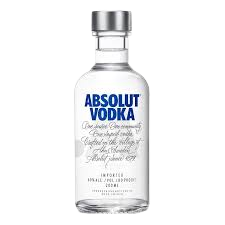 A bottle of Absolut Vodka with a white label, blue text, and a grey cap.