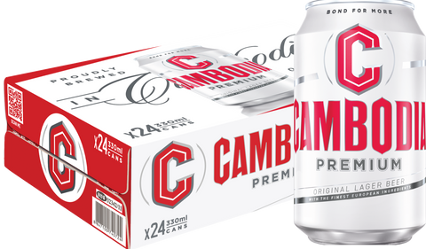 A pack of Cambodia Premium Beer cans, featuring the brand's logo and the text 'Premium' on the can's design. The packaging indicates the product is a 12-pack of 330ml cans.