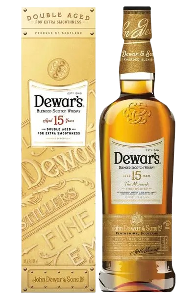 A bottle of Dewar's 15 Years Blended Scotch Whisky with its gift box, showcasing the label and cap on the bottle, and the box with branding and text visible.