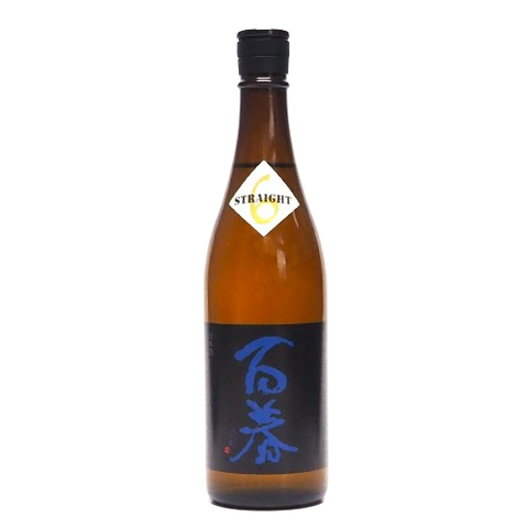 A bottle of Junmai Ginjo Muroka Namagenshu Straight sake with a label primarily in black and blue, indicating the product is straight and from Gifu, Japan.