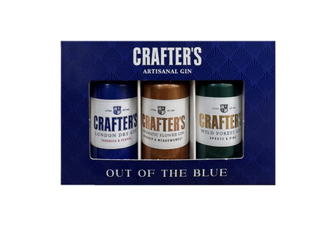 Crafter's Artisanal Gin gift set with three bottles in a box on a white background