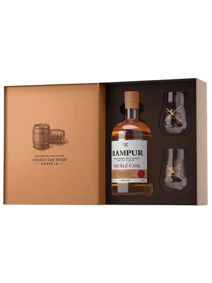 Rampur Double Cask Indian Single Malt Whisky 700ml with Giftset Glasses